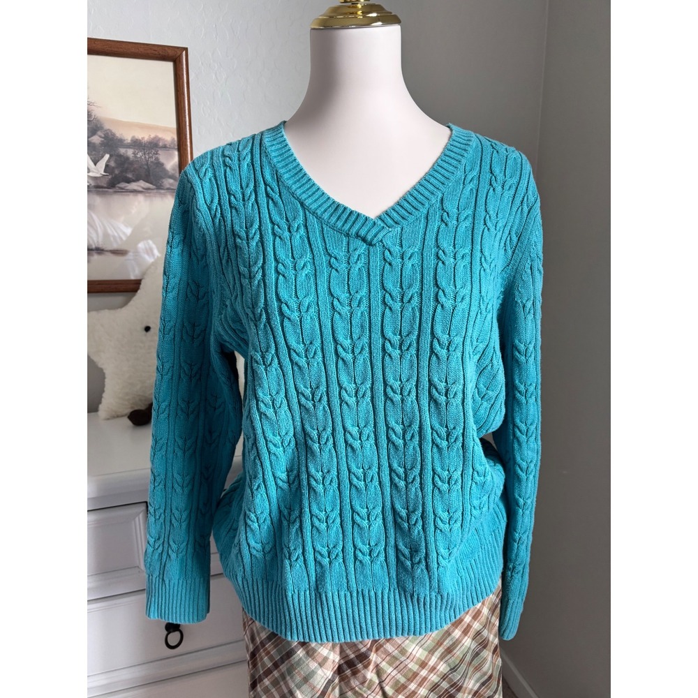 Turquoise Cable Knit Sweater V-Neck Cotton Blue Pullover XL Croft & Barrow